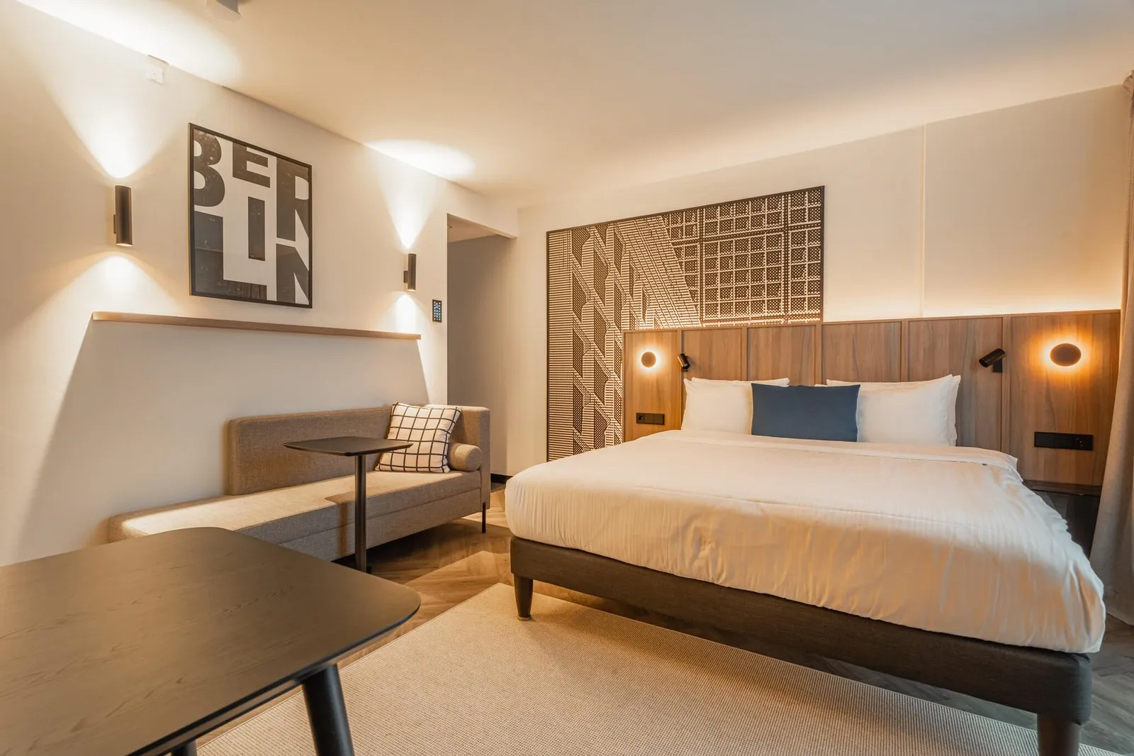 Hotel suite with warm accent lighting